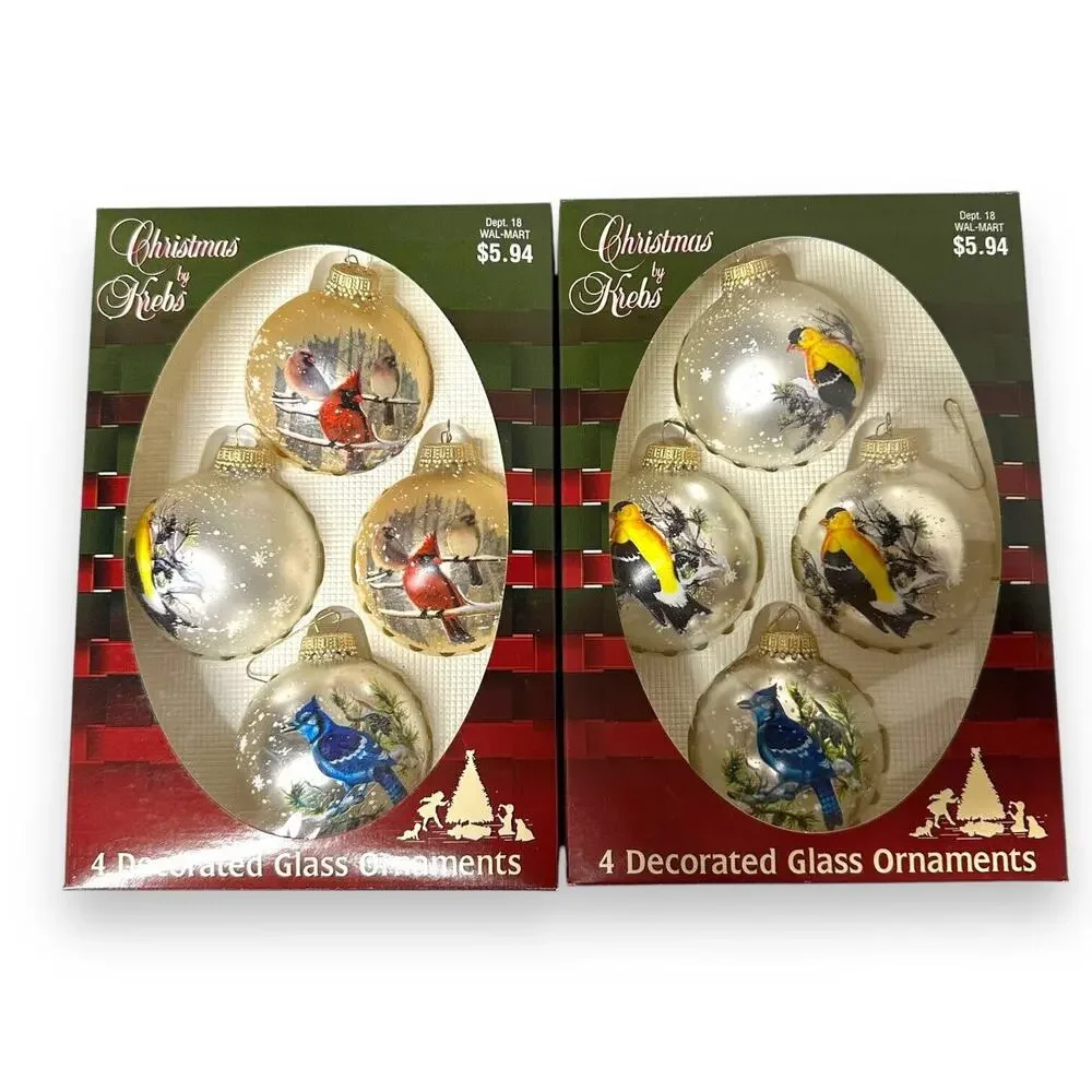 Vintage Krebs Glass Bird Ornaments 2 Sets Cardinal Blue Jay Gold Finch Wildlife